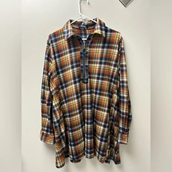 Orange Fashion Village Plus Plaid Half Zip Tunic Top - Picture 1 of 5